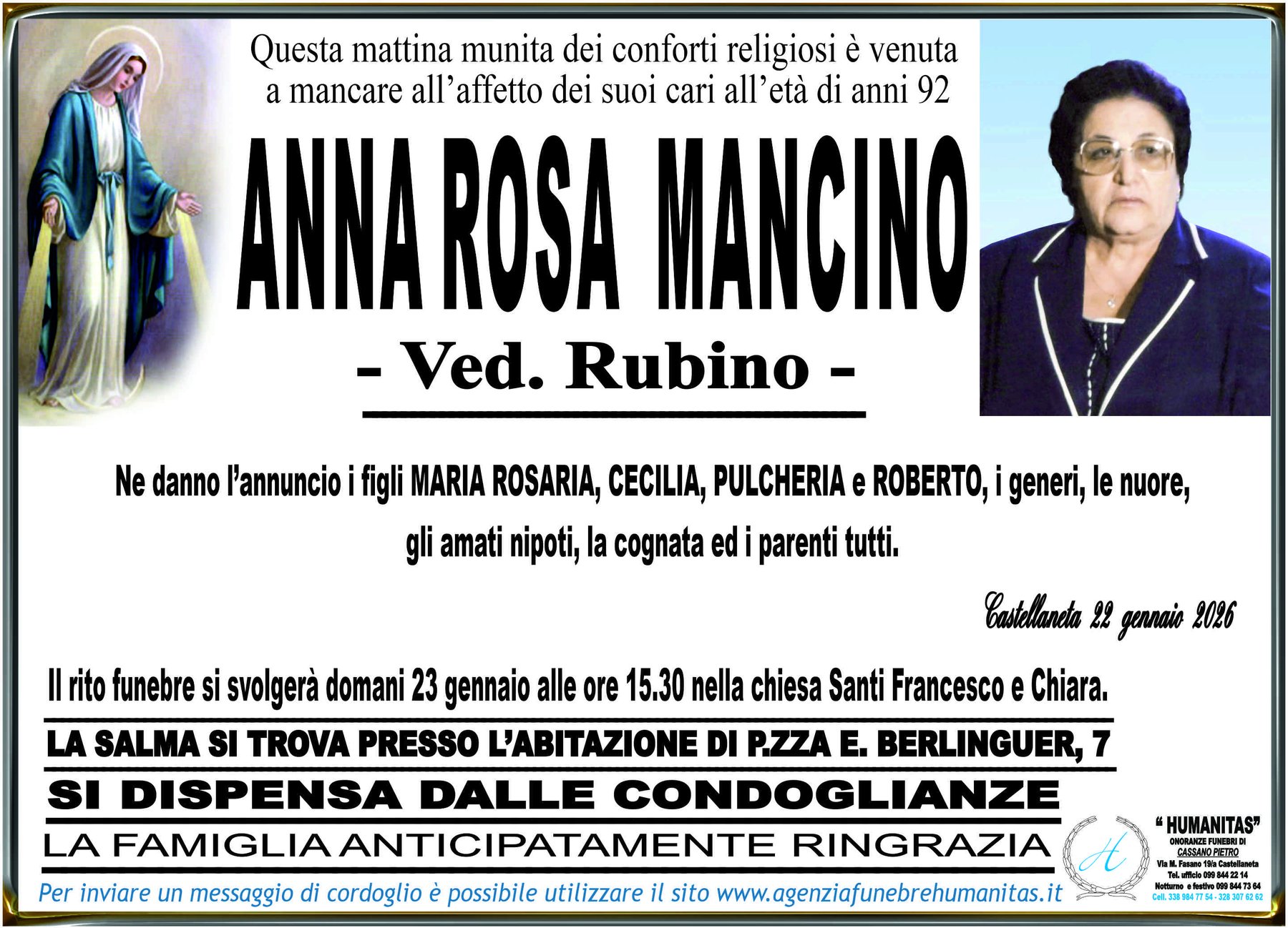 Manifesto funebre di Anna Rosa Mancino