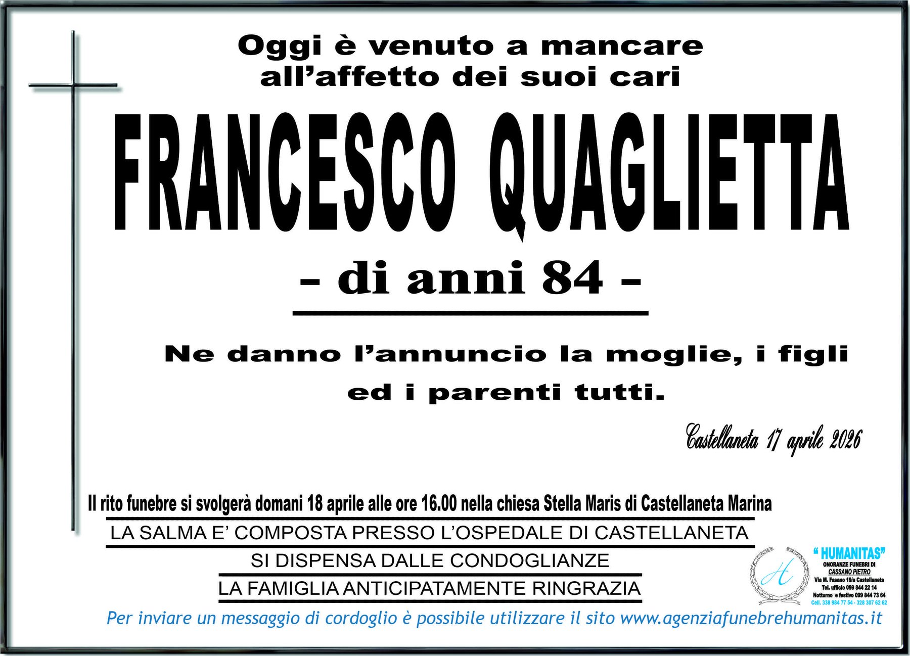 Manifesto funebre di Francesco Quaglietta