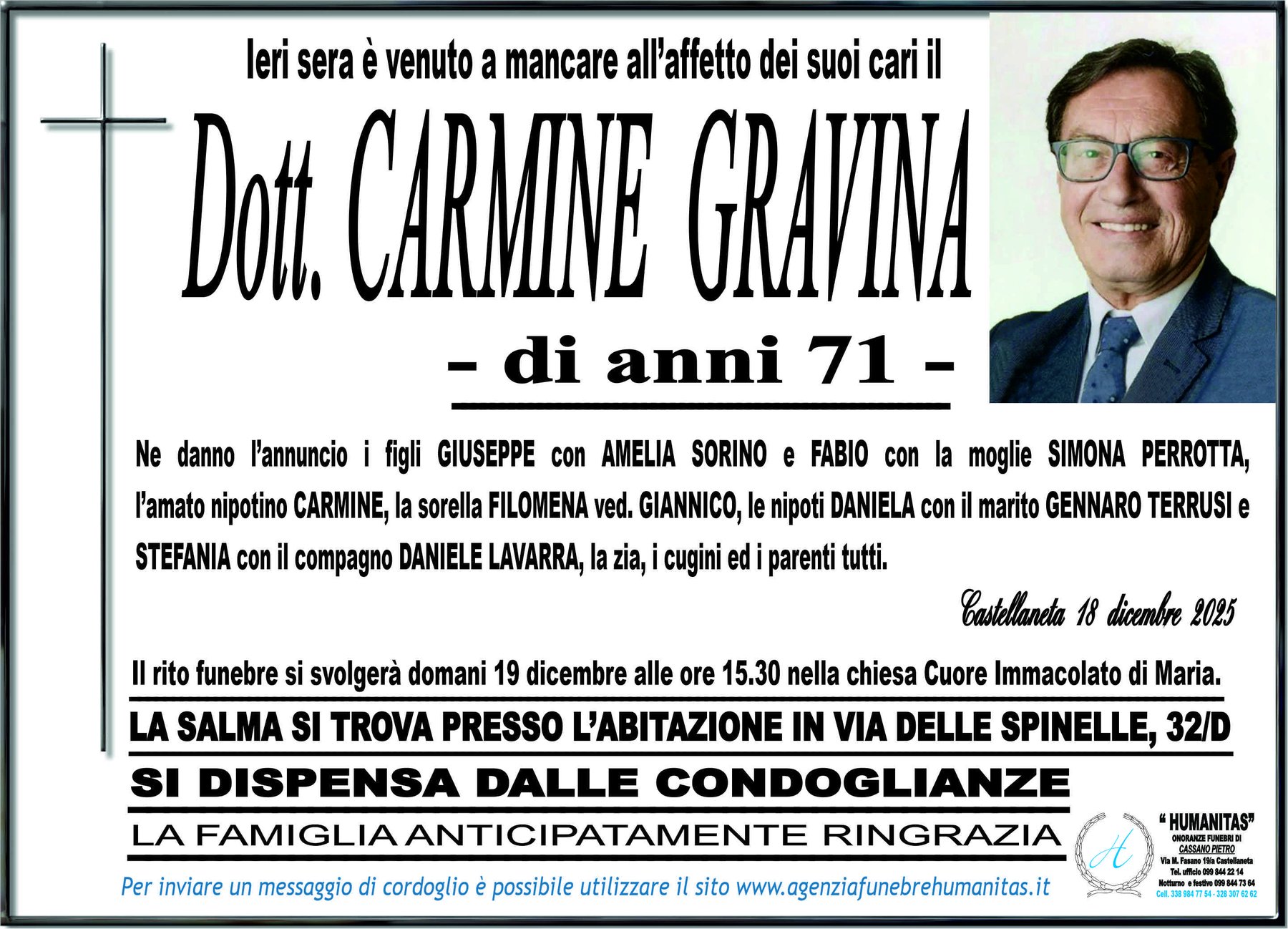Manifesto funebre di Dott. Carmine Gravina