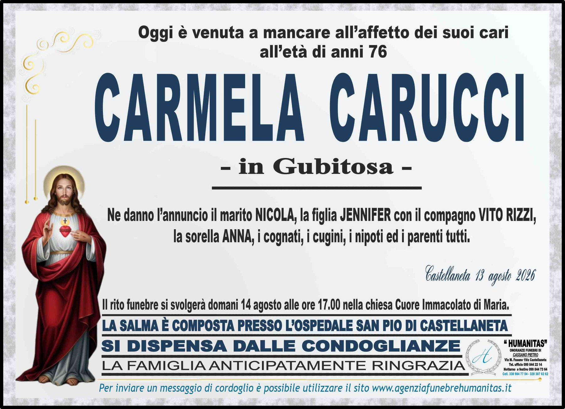 Manifesto funebre di Carmela Carucci