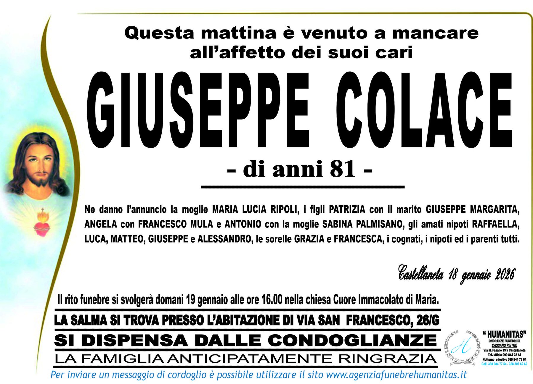 Manifesto funebre di Giuseppe Colace
