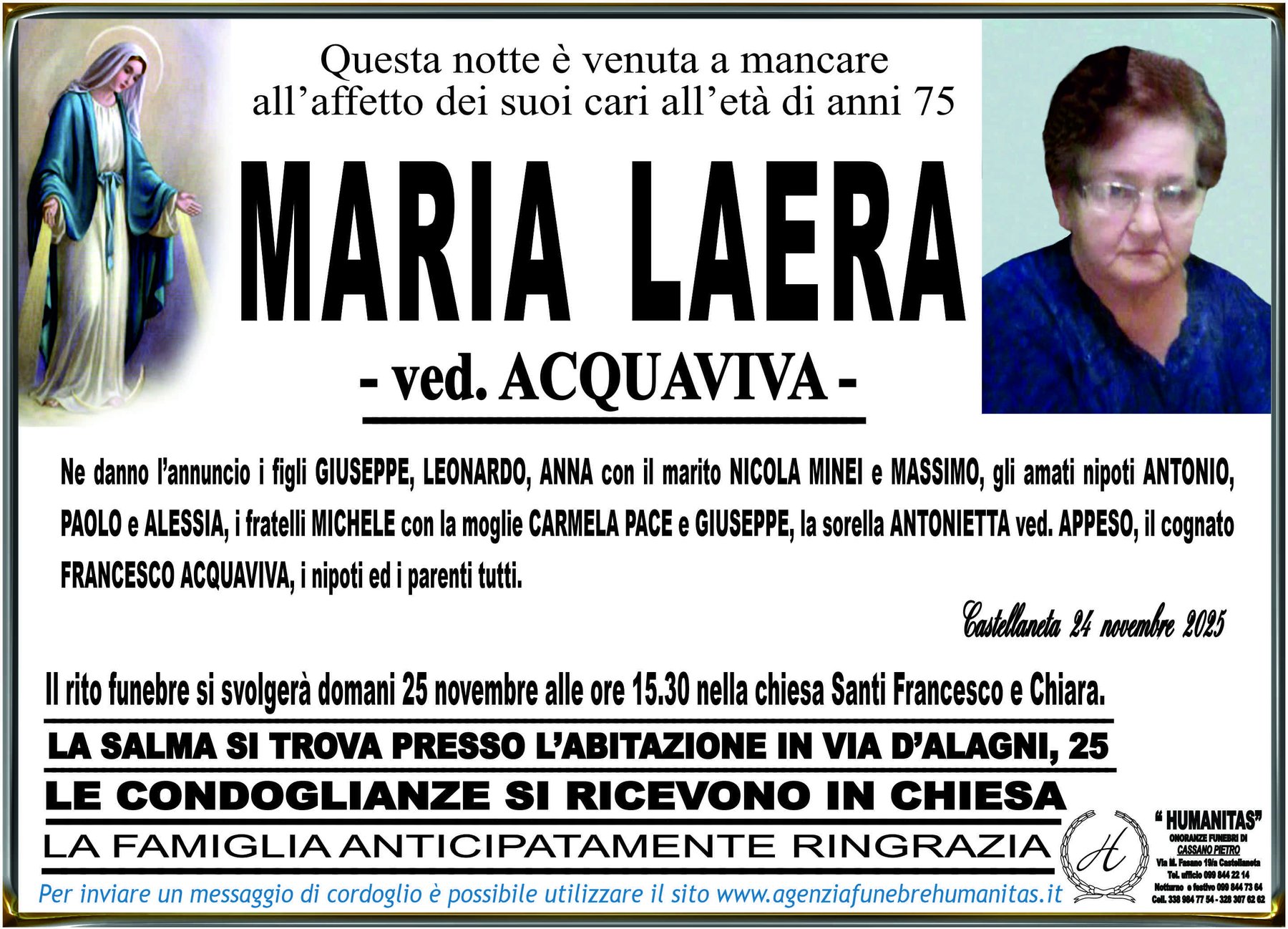Manifesto funebre di Maria Laera