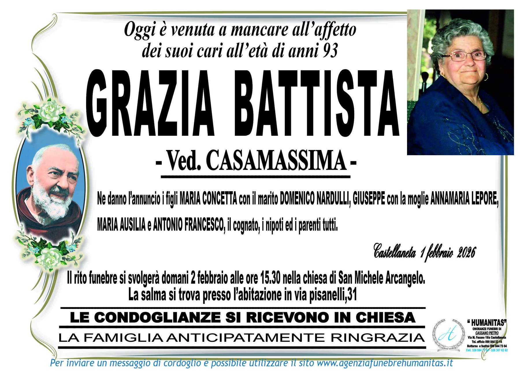 Manifesto funebre di Grazia Battista