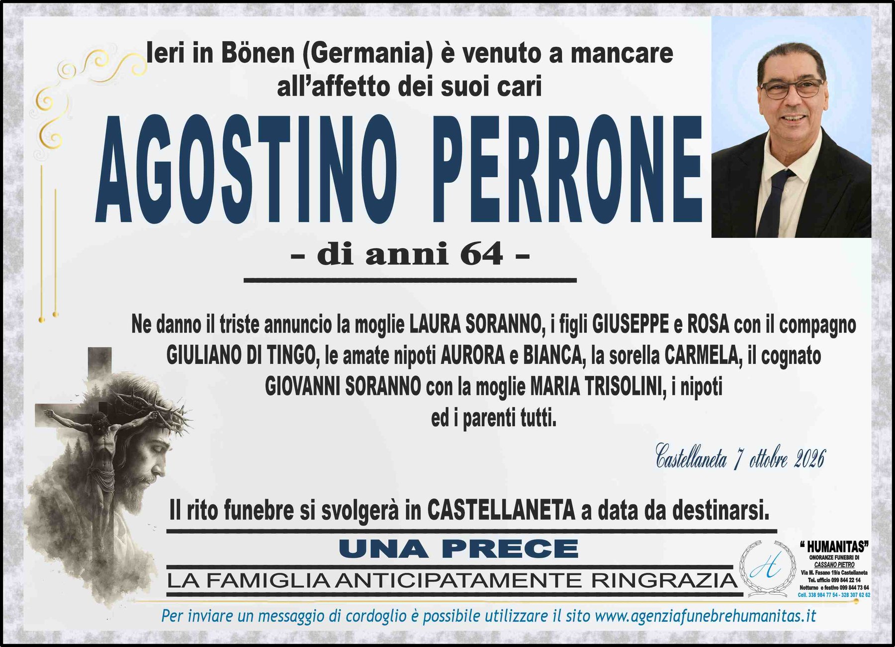 Manifesto funebre di Agostino Perrone