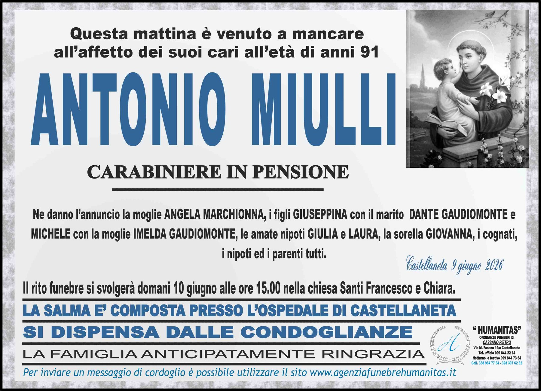 Manifesto funebre di Antonio Miulli