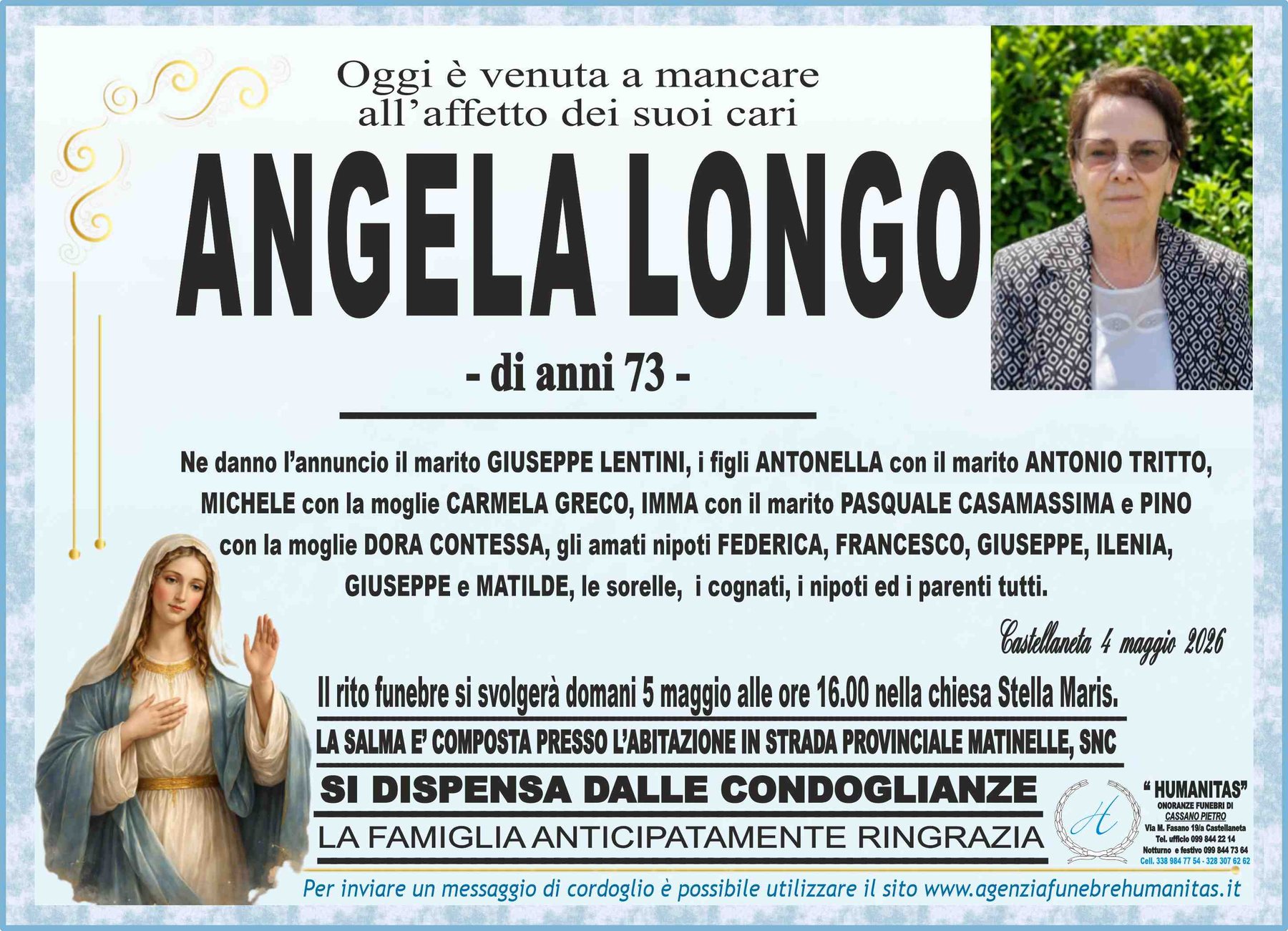 Manifesto funebre di Angela Longo