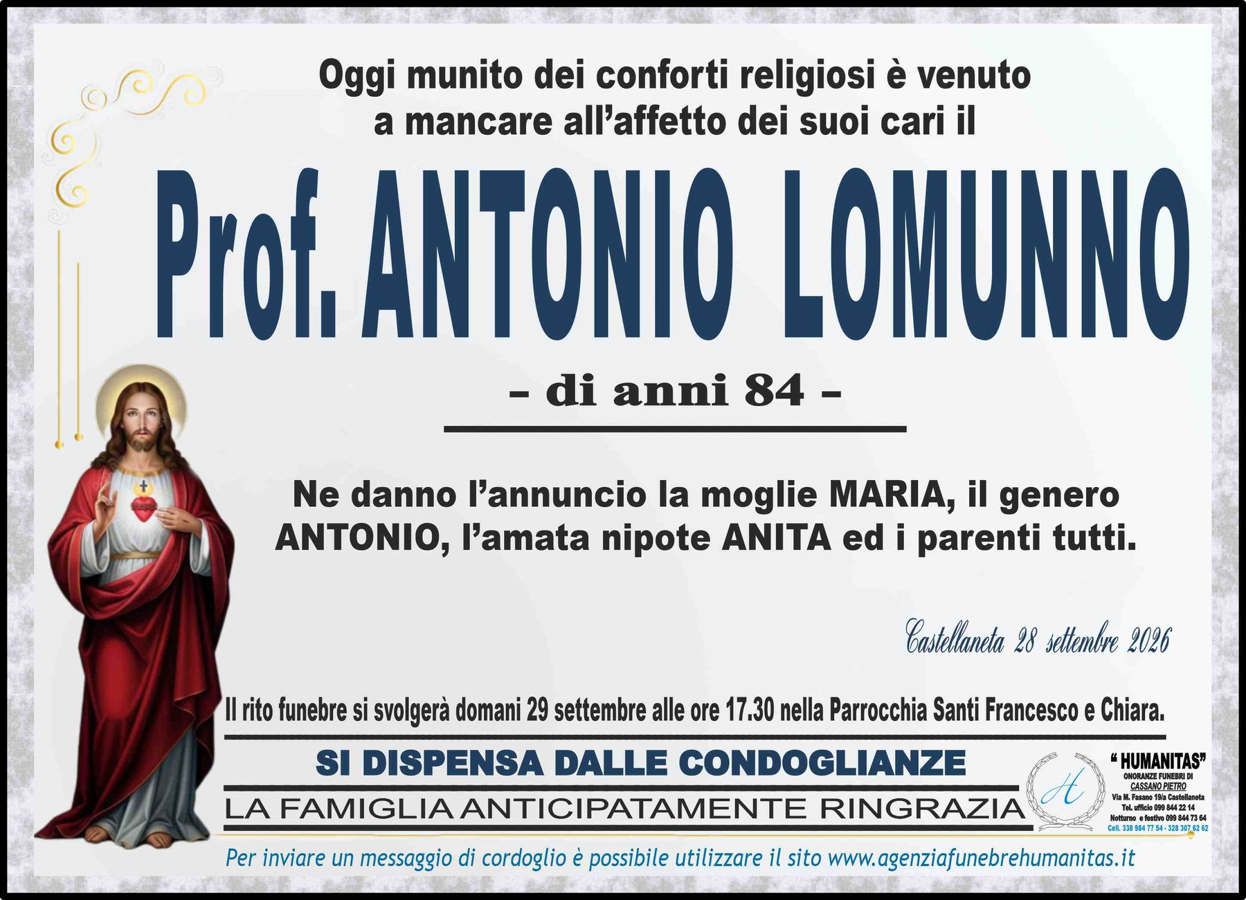 Manifesto funebre di Prof. Antonio Lomunno
