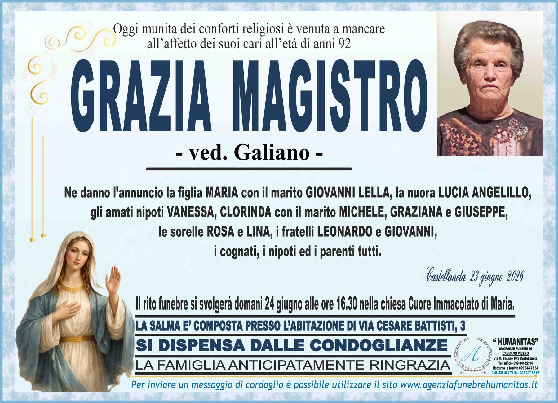Manifesto funebre di Grazia Magistro