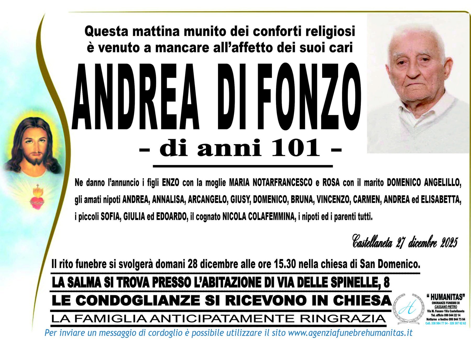 Manifesto funebre di Andrea Di Fonzo